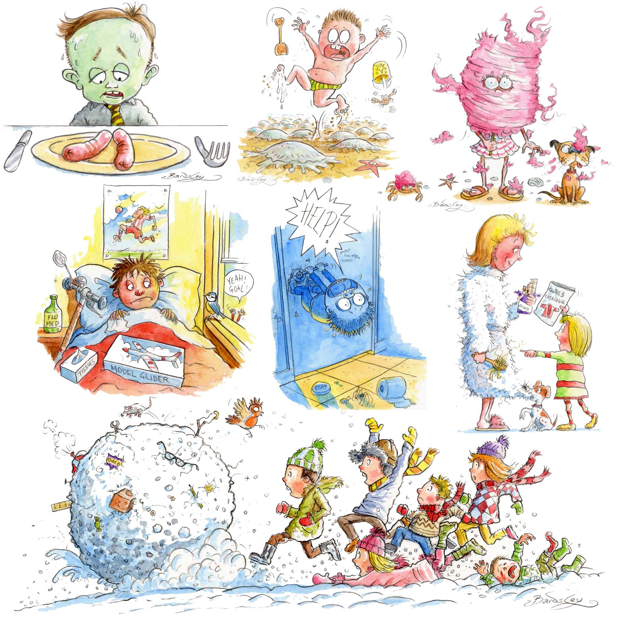 children's book illustrations: sausage dinner, jellyfish, candyfloss, boy with flu, boy locked in loo, girl annoyed by mummy's scruffy dressing gown, kids 
chasing giant snow ball