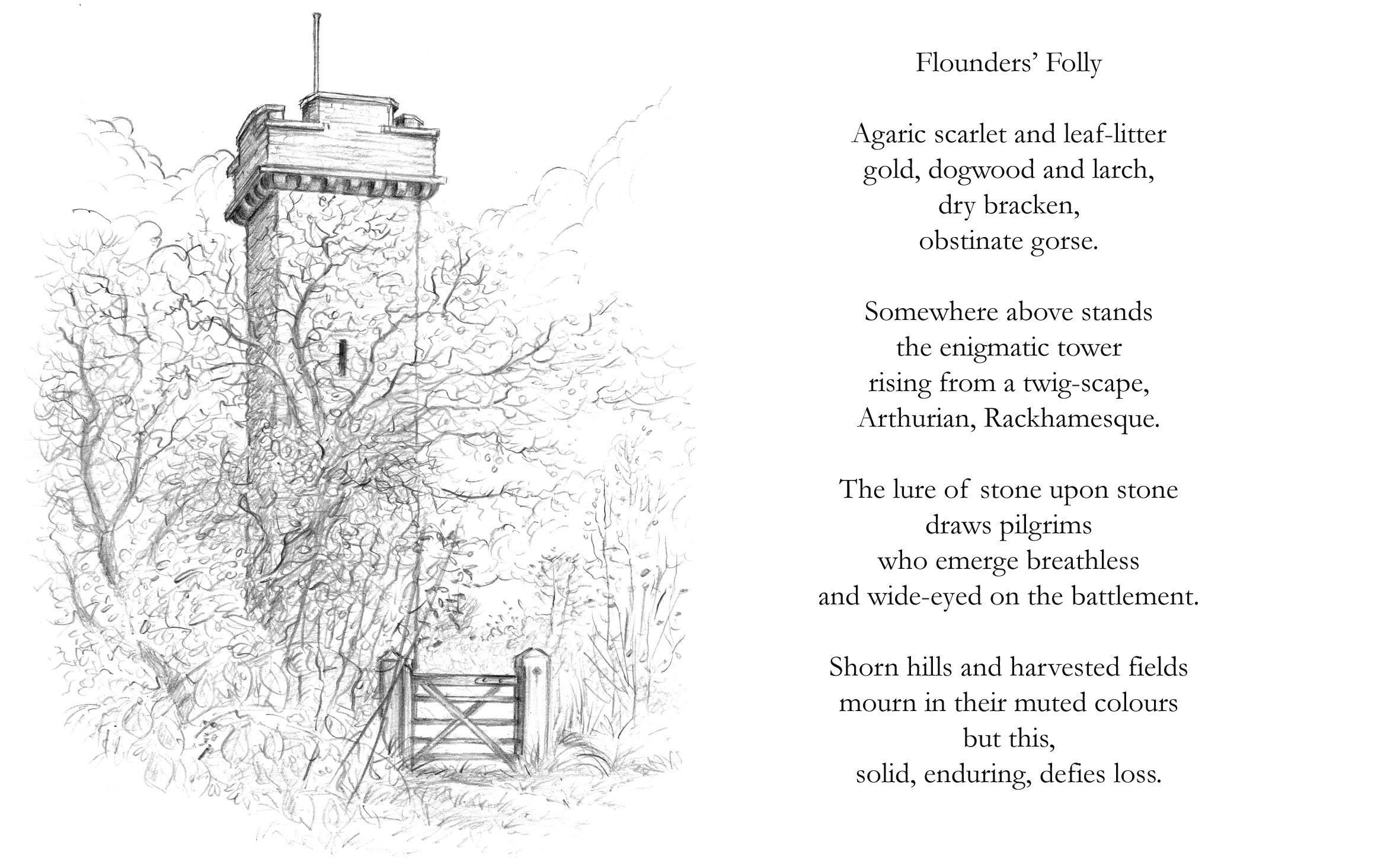 Flounders'Folly tower in autumn with the accompanying poem as part of the artwork