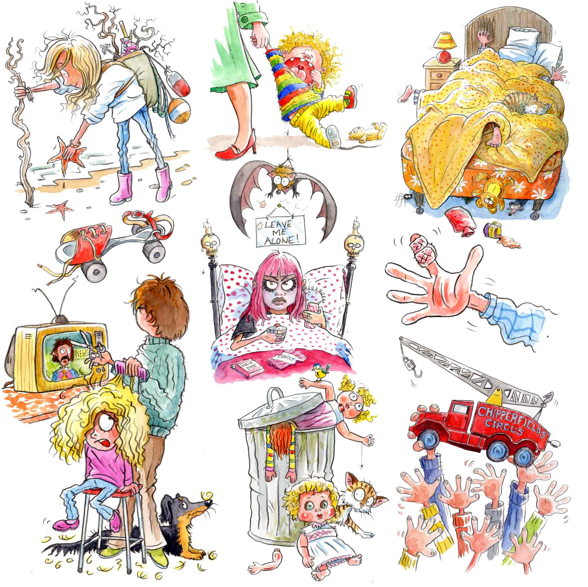 children's book illustrations: beach combing, at the dentist, trapped under the bedclothes, haircut, grumpy goth kid, toys in dustbin, toy lorry, 
roller skate, sausage dog