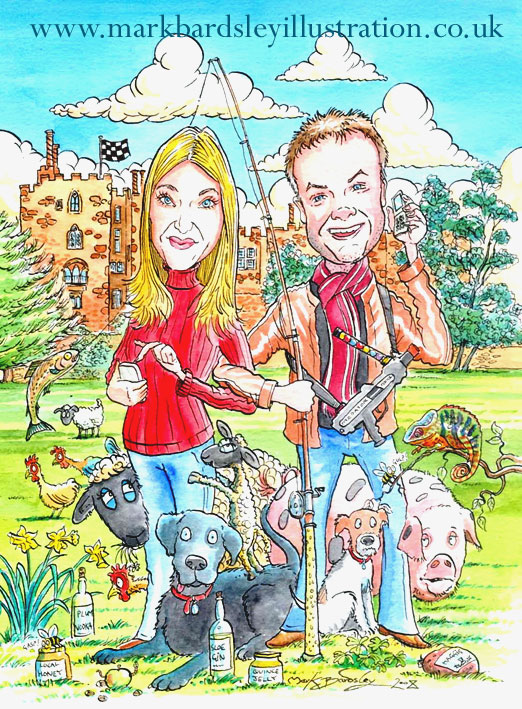 caricature of couple with pets